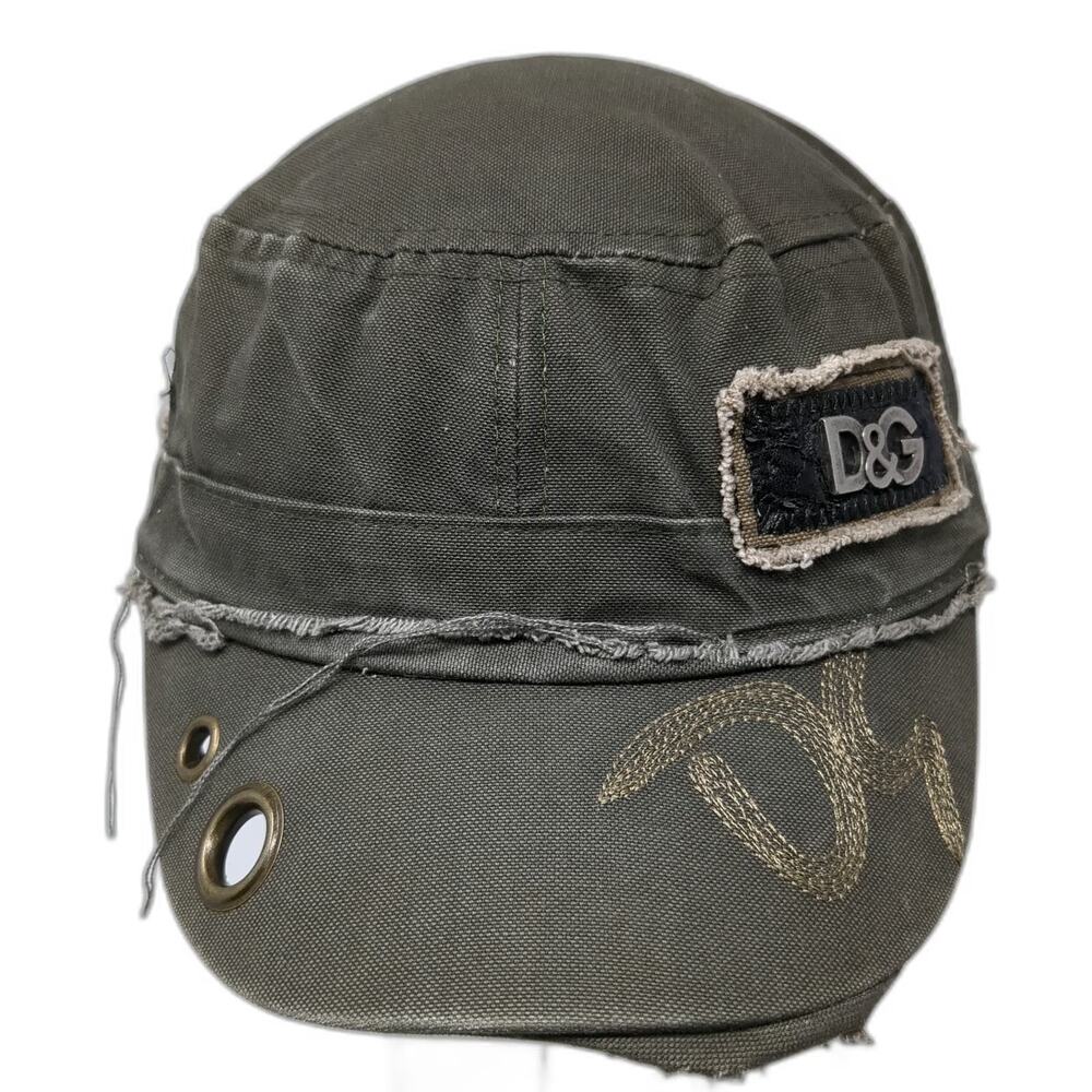 D&G Army Cap Brown One Size Slideback Metal Logo Embroidered Grommet Canvas Hat